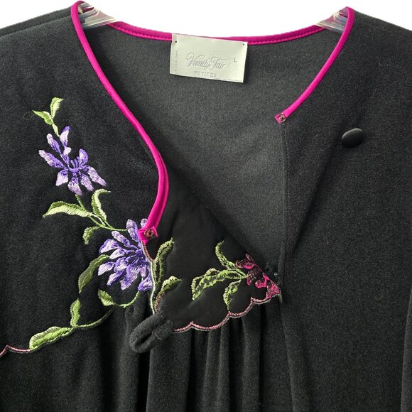 Vanity Fair Velour Night Gown L LP Robe Embroidery POCKET Flower Black VTG 80s - Picture 5 of 7